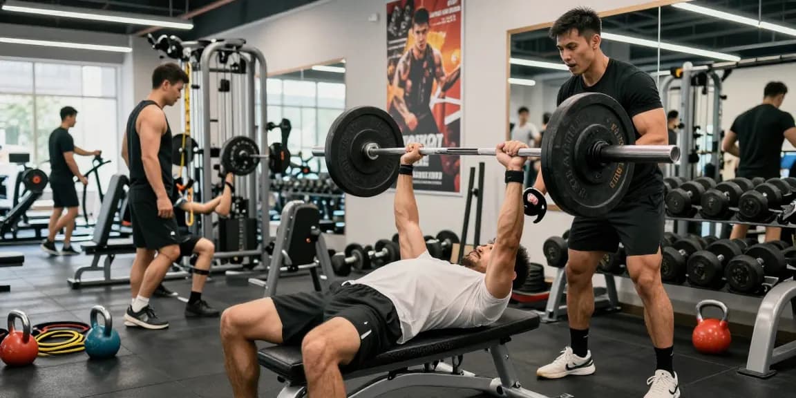 Prime Pharma Steroids in een moderne sportschool waar bodybuilders trainen met gewichtheffen en ondersteuning van vrienden.