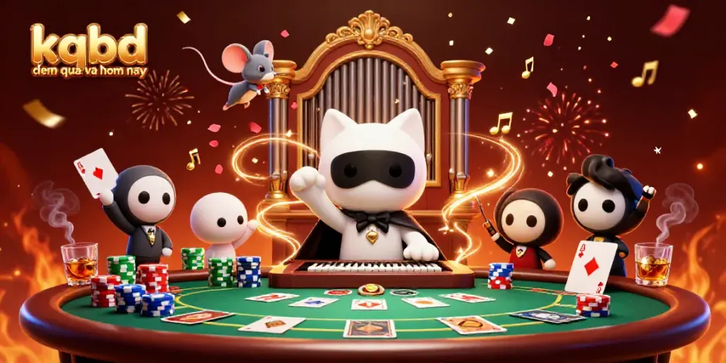 Engaging scene showcasing kqbd dem qua va hom nay with a dramatic casino theme, featuring a phantom cat and acrobat.
