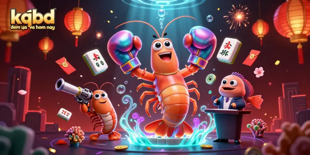 Experience thrilling action with kqbd dem qua va hom nay, featuring vibrant ocean-themed characters celebrating wins.