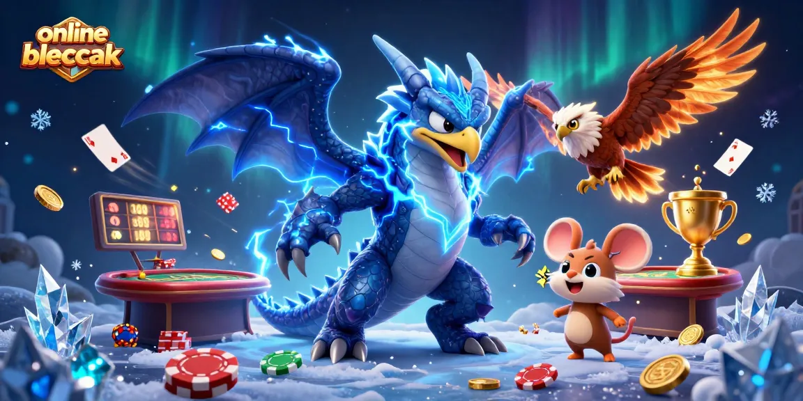 Engage in online blackjack at this vibrant casino scene featuring a dragon, hawk, and thunder mouse.