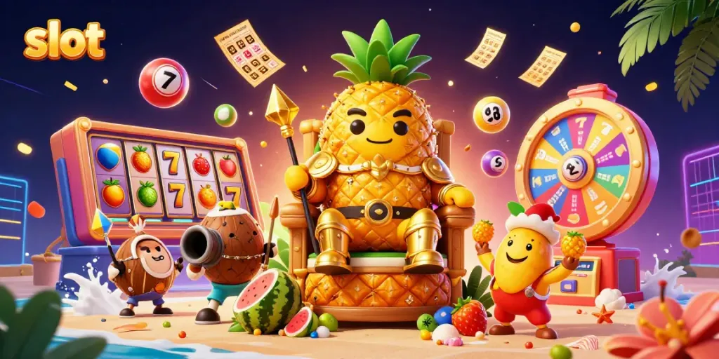 Experience the excitement of slot games with this vibrant 3D casino illustration featuring a golden pineapple king.
