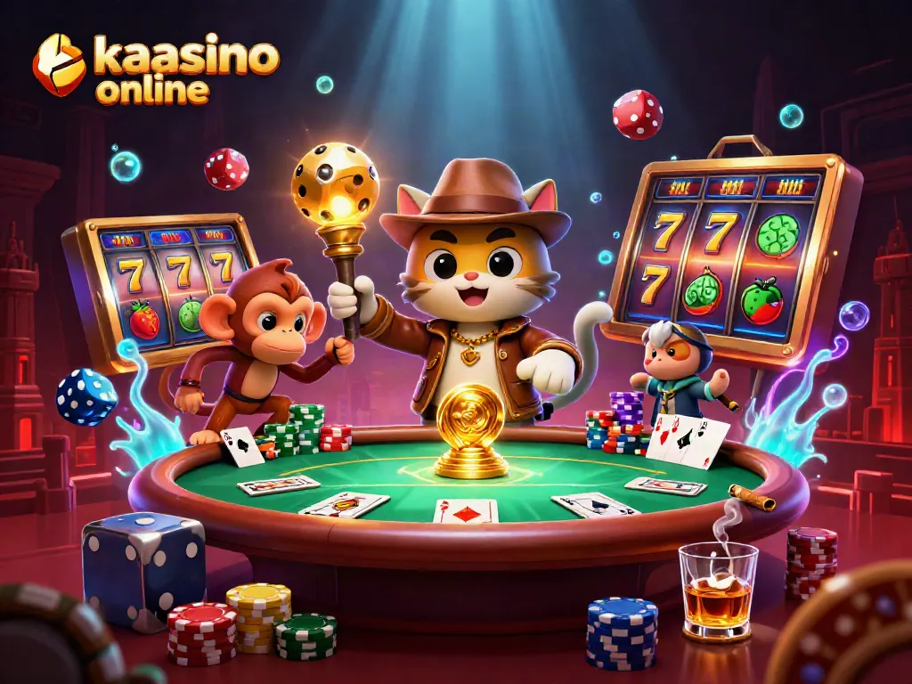 Kaasino online visualizes a thrilling casino scene with an archaeologist cat and monkey in action.