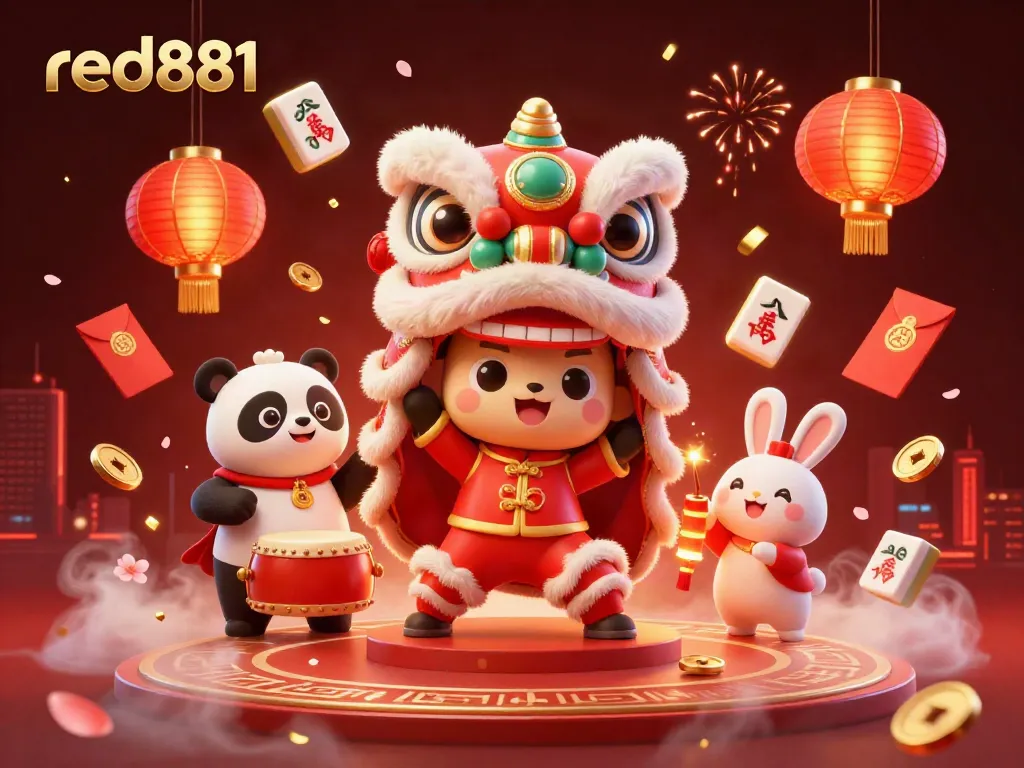 Experience the excitement of red881 in a vibrant 3D casino scene featuring festive characters and game elements.