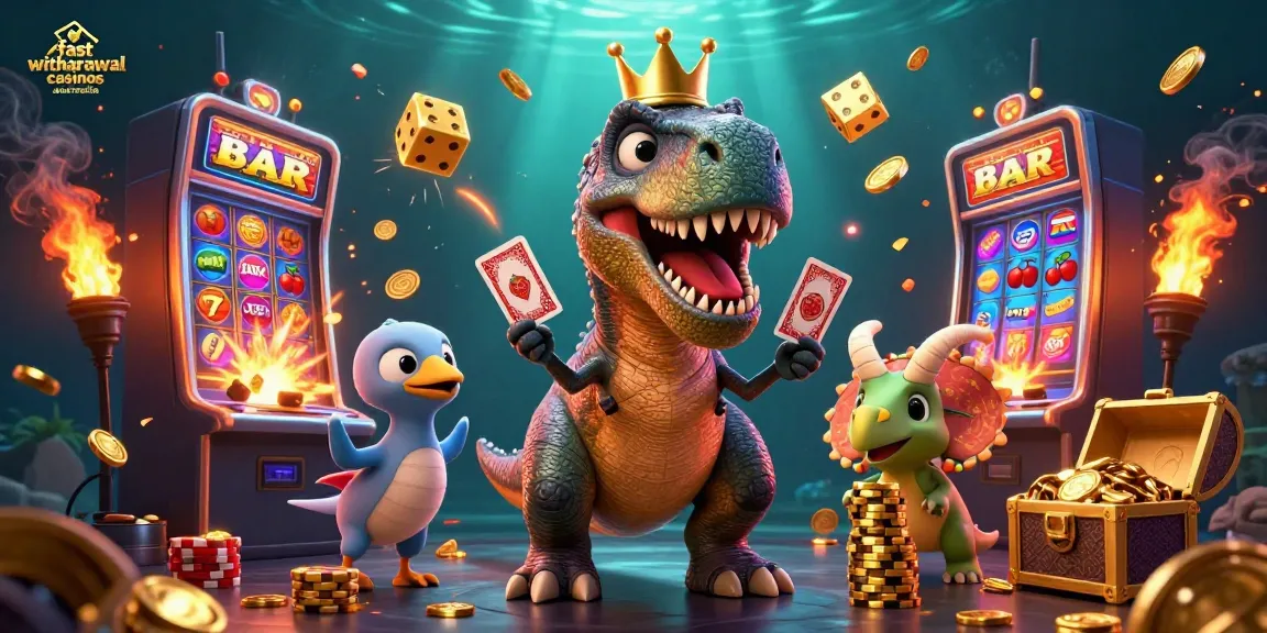 Engage with fast withdrawal casinos Australia featuring vibrant 3D characters in a casino scene.
