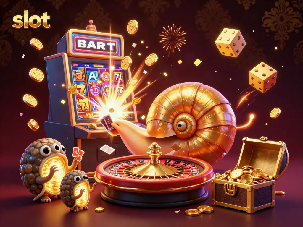 Experience the thrill of slot gaming with a vibrant 3D illustration featuring a nautilus roulette wheel and bursting slot machine.