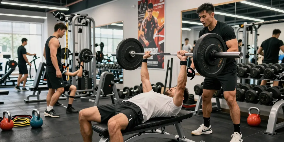 Prime Pharma Steroids in een moderne sportschool waar bodybuilders trainen met gewichtheffen en ondersteuning van vrienden.