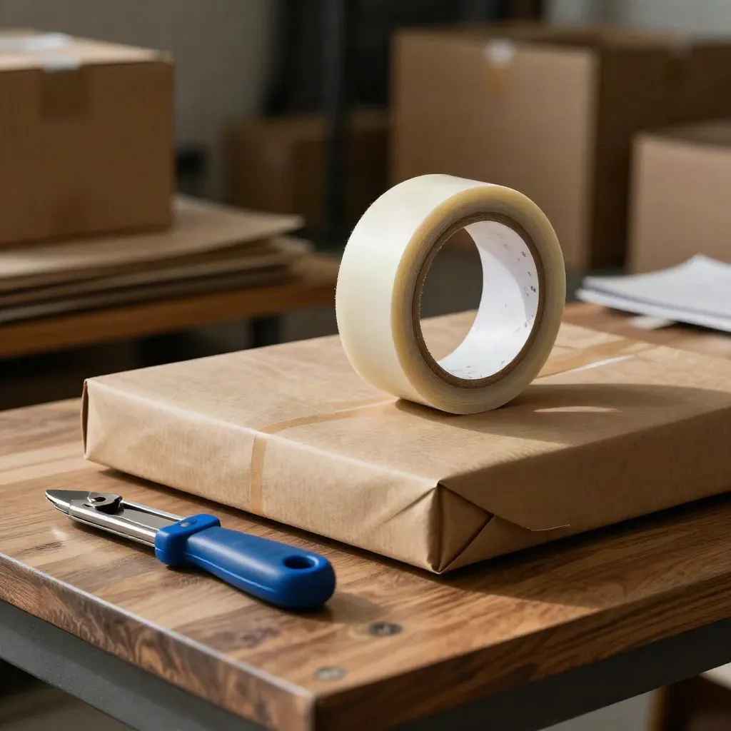 Kraftpakket, tape en stanleymes op een warme paktafel met zachte bokeh op de achtergrond.