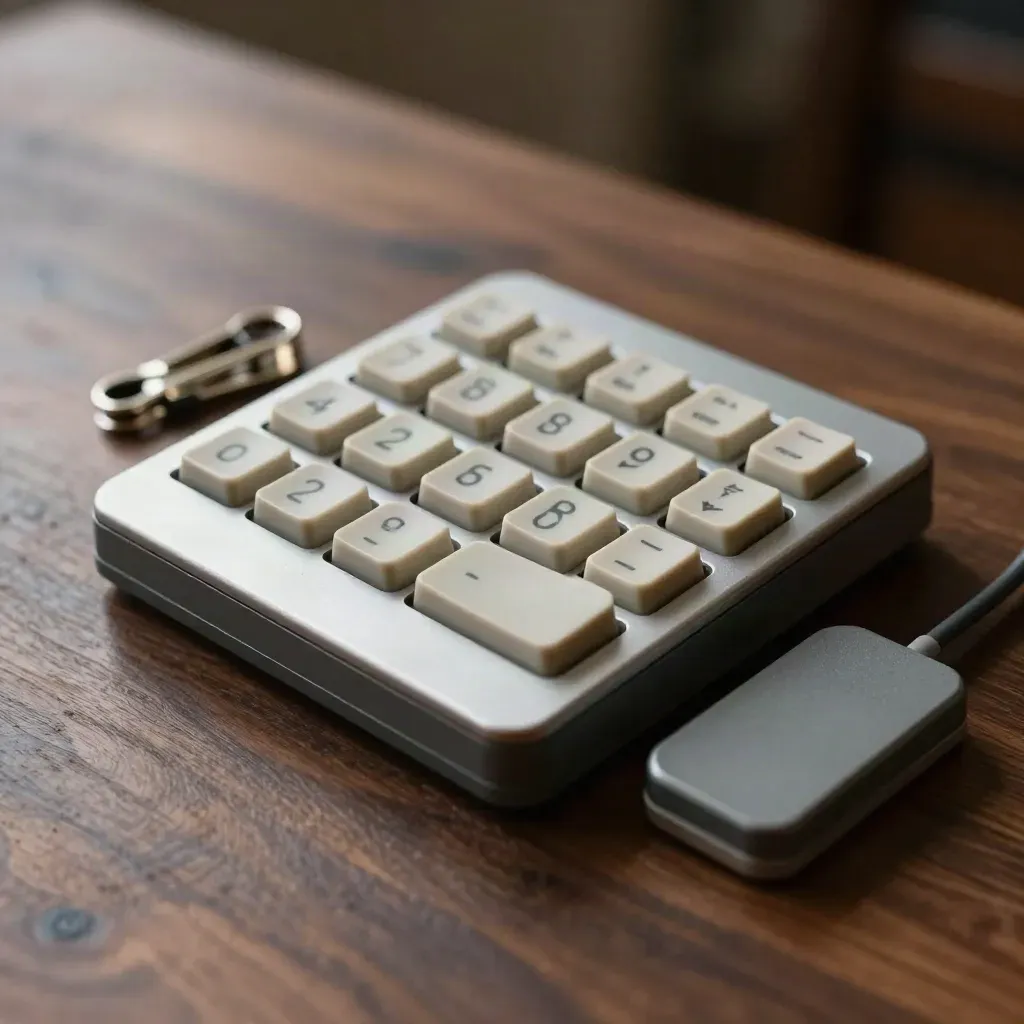 Close-up van een programmeerbaar toetsenbord, kabelclips en dock op donker hout