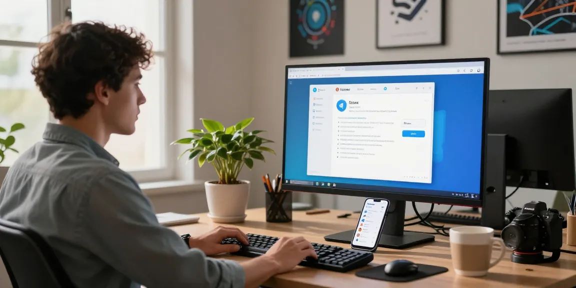Download Telegram displayed on a developer's screen in a modern workspace with warm natural light.