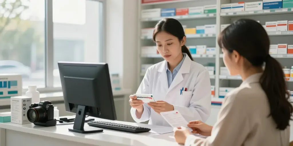 Azitromycine kopen bij apotheek, met apotheker en patiënt in gesprek.