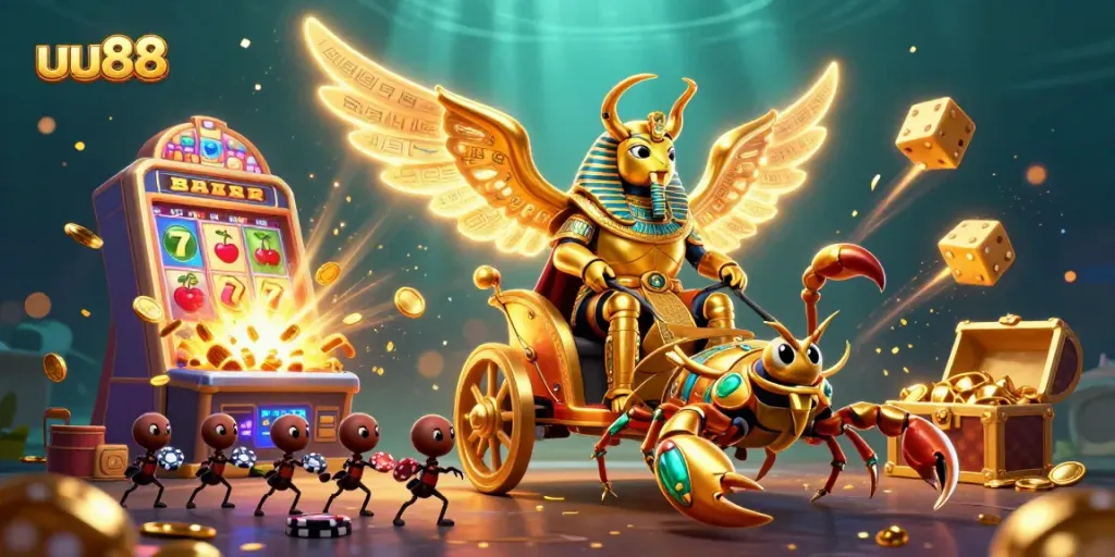 Engage with uu88's vibrant casino scene featuring a golden scarab and exciting game elements.