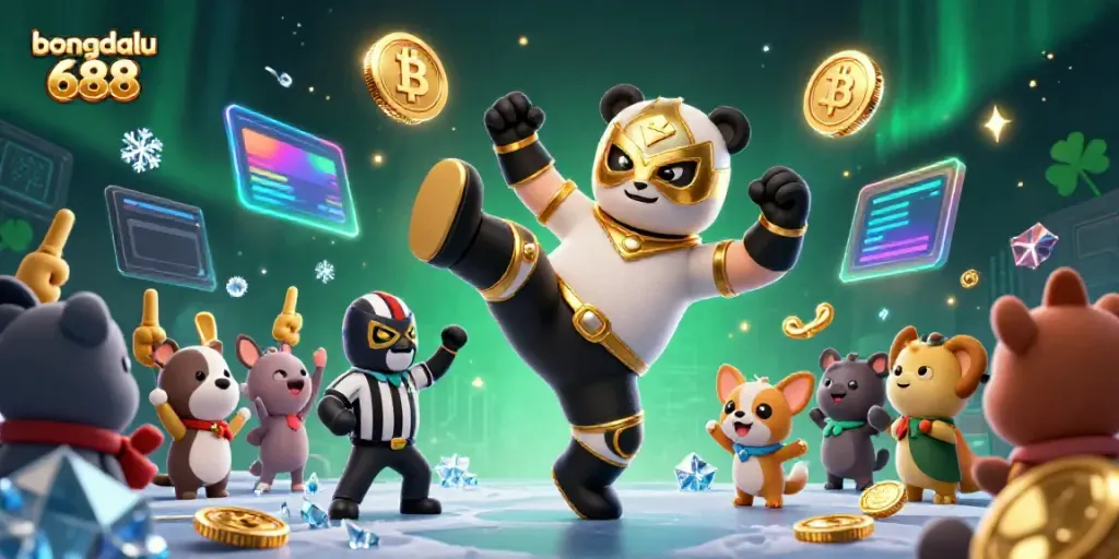 Bongdalu 688 showcases a playful panda wrestler delivering a kick, surrounded by crypto elements and a cheering crowd of animals.