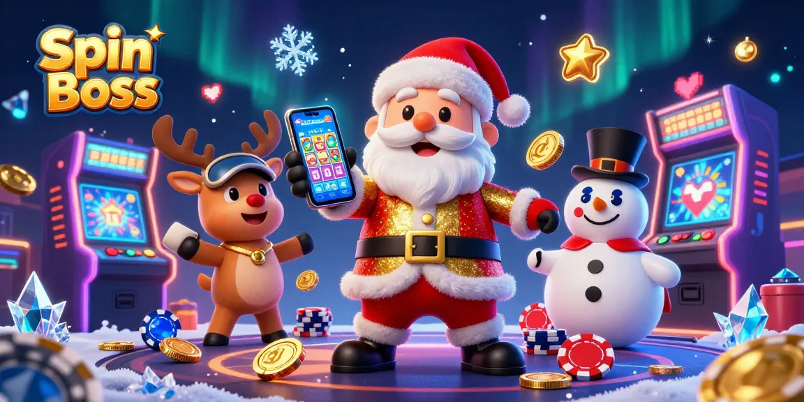 Spin Boss brings excitement with Santa, reindeer, and a snowman in a vibrant casino scene.