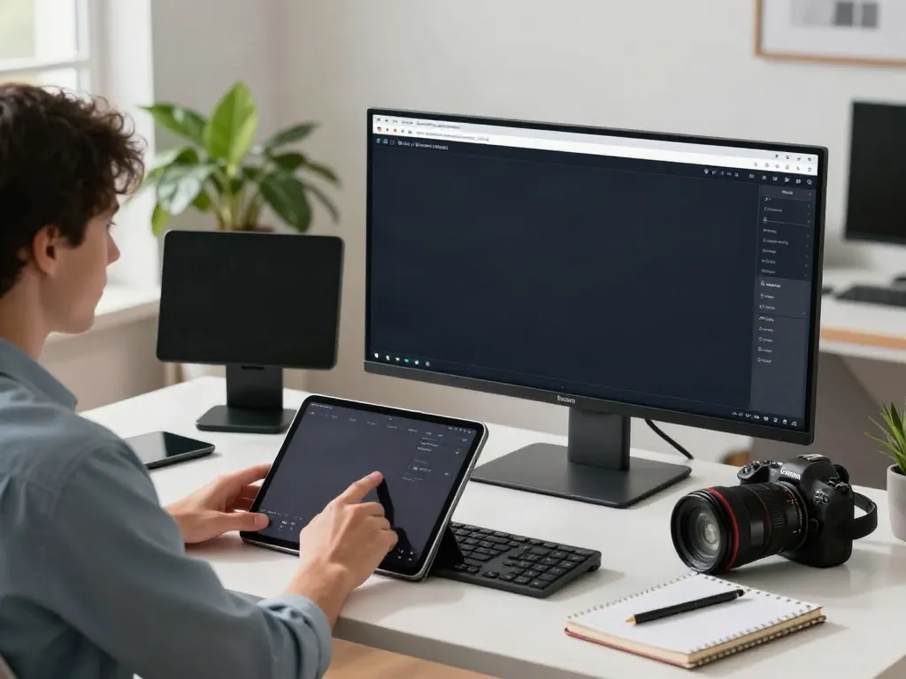 Pikashow PC user in a modern workspace streaming content on a large monitor, surrounded by tech accessories.