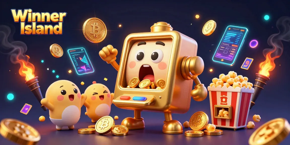 Engage with Winner Island's dynamic gaming scene featuring a 3D slot machine winning a jackpot amidst exciting cryptocurrency symbols.