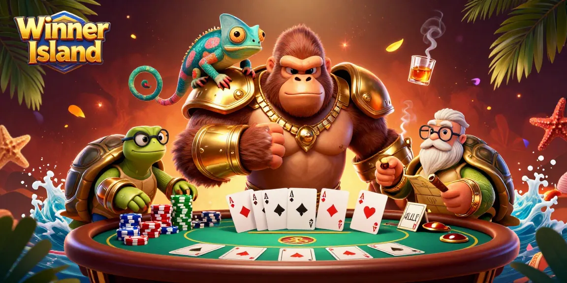 Experience the thrill of Winner Island Casino with vibrant 3D illustration of adventurous characters and gambling elements.
