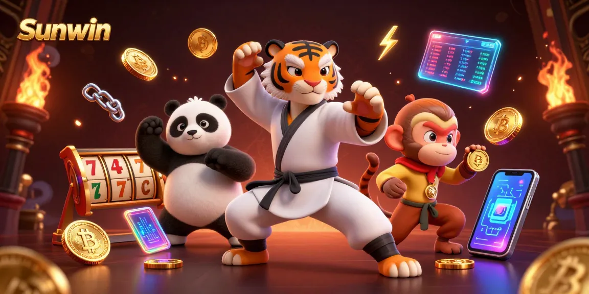 Immerse in Sunwin gaming as the kung fu tiger and panda disciple engage with vibrant slot reels and crypto elements.