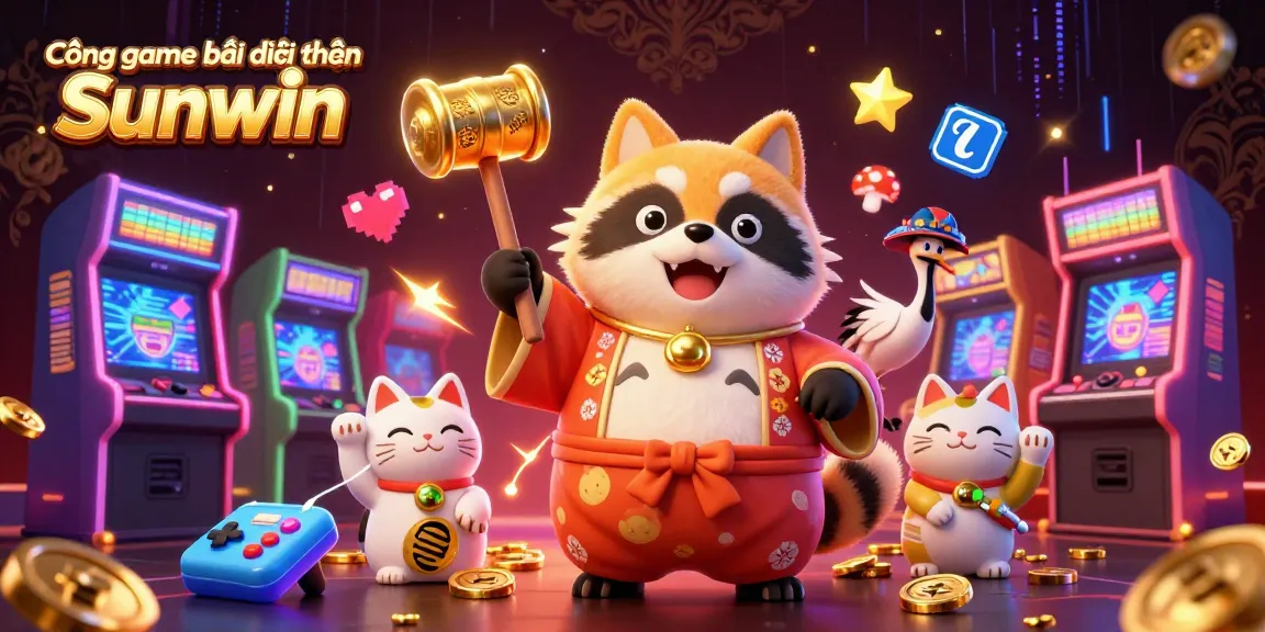 Cổng game bài đổi thưởng Sunwin shows cheerful tanuki and maneki-neko with glowing arcade elements, promoting engaging gameplay.